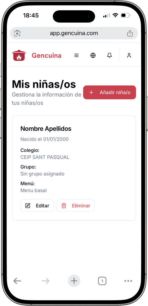 Pantalla de la web app de Gencuina mostrando el listado de niños/as y su información