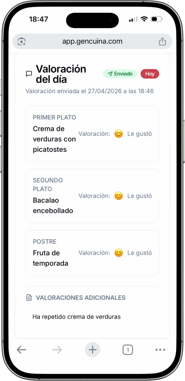 Pantalla de la web app de Gencuina con el menú diario y los detalles del comedor