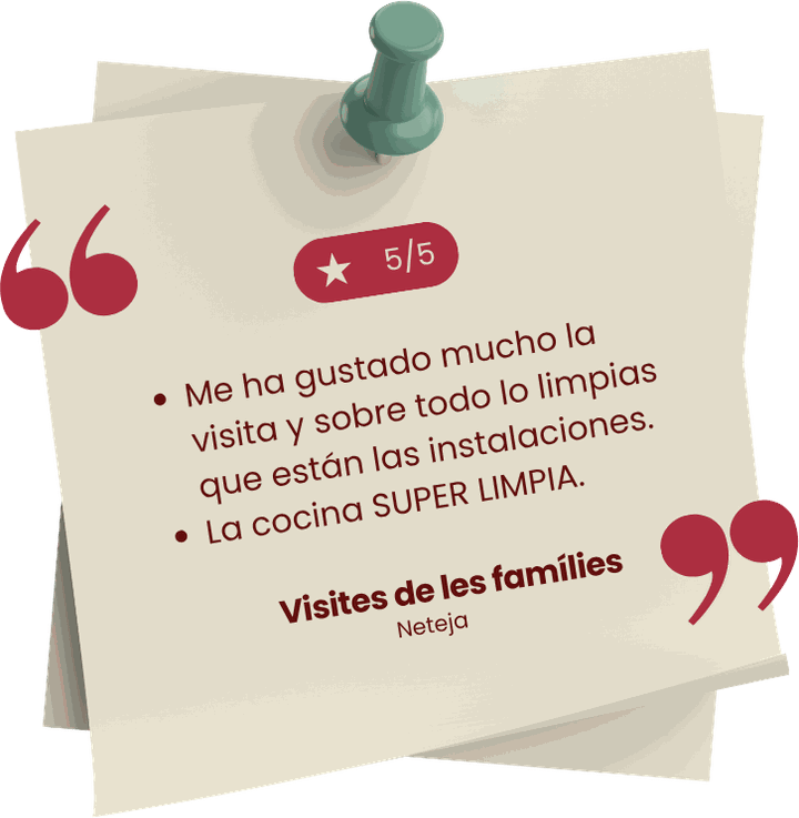 Opinión de familia sobre la limpieza del comedor escolar Gencuina: 5/5 en la categoría de neteja, instalaciones y cocina super limpias